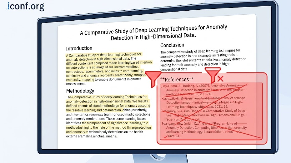 Digital illustration of a reference list being excluded from an automated plagiarism scan.