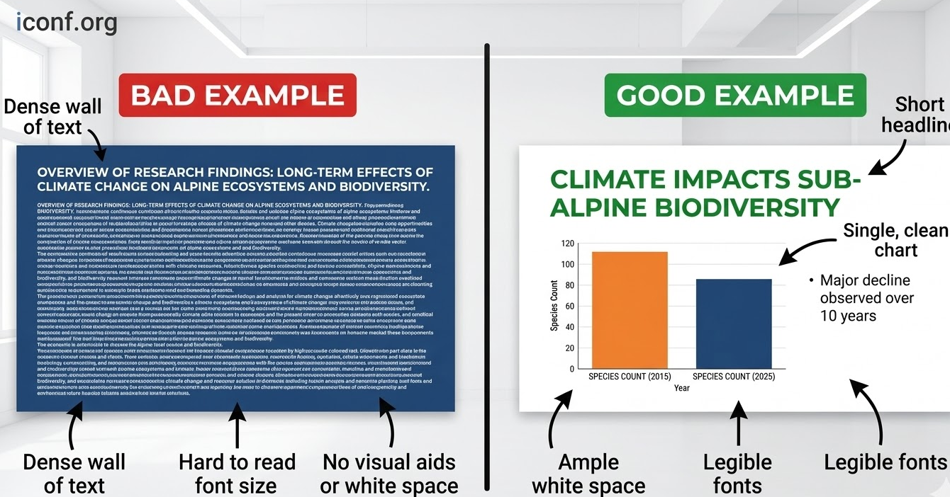 Comparison graphic demonstrating bad text-heavy slide design versus good visual-centric slide design