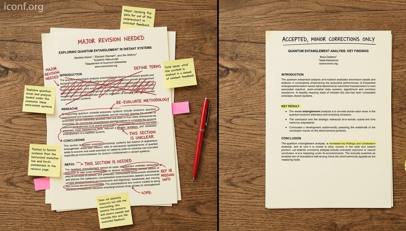 Comparison of a heavily edited academic manuscript and a lightly highlighted paper representing major and minor revisions.